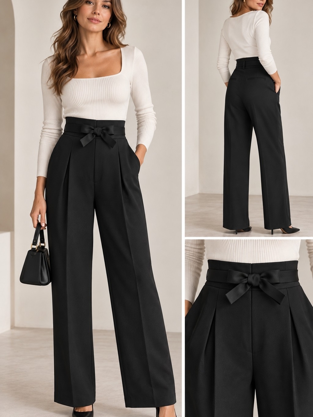 Anthropologie Corset Bow Pleated Wide Leg Pants Black US 10 High Waist